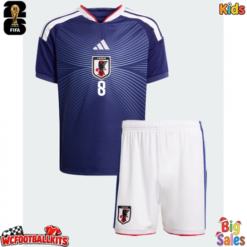 Japan Takumi Minamino #8 Replica Home Stadium Kit for Kids World Cup 2026 Short Sleeve (+ pants)